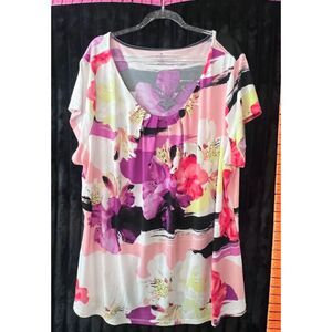 Worthington Woman Plus Size 3X Pink Purple Floral Print Short Sleeve Blouse